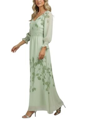 NWT TAYLOR Green Floral Long Sleeve V-Neck Elastic Waist Maxi Dress Size 8